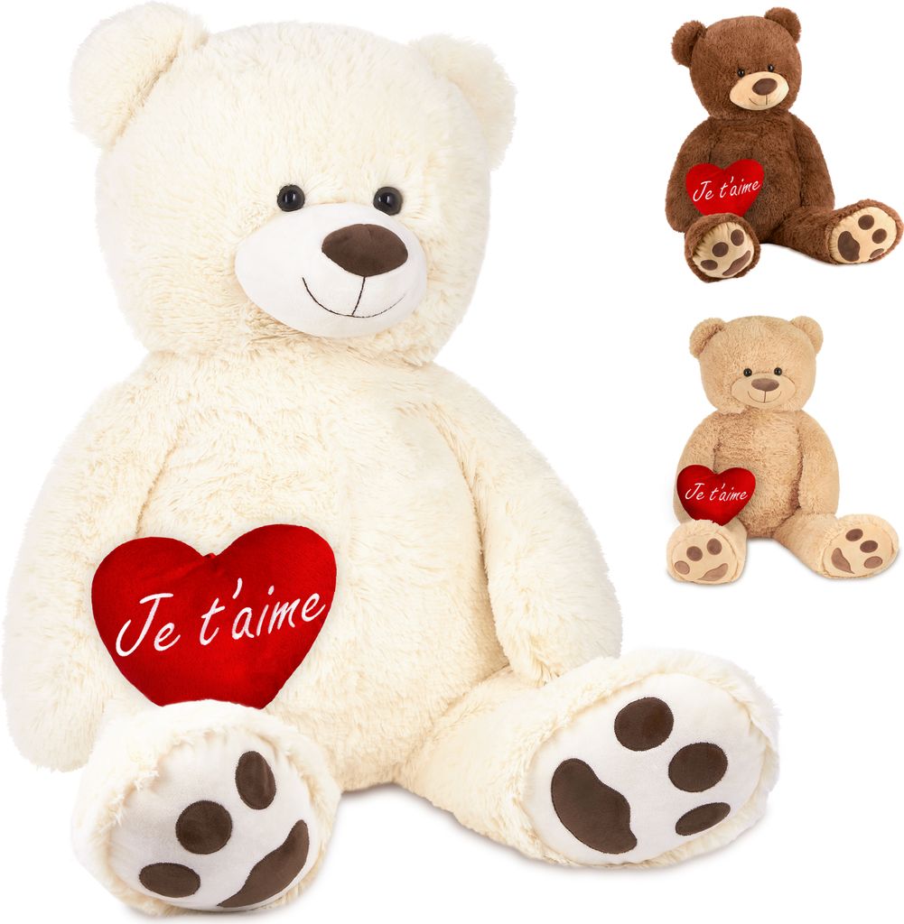 BRUBAKER XXL Teddybär 100 cm mit "Je T'Aime" Herz - Stofftier Plüschtier Teddy Kuscheltier, Weiß