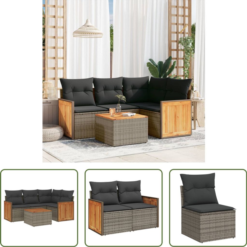 The Living Store 5-tlg. Garten-Sofagarnitur mit Kissen Grau Poly Rattan