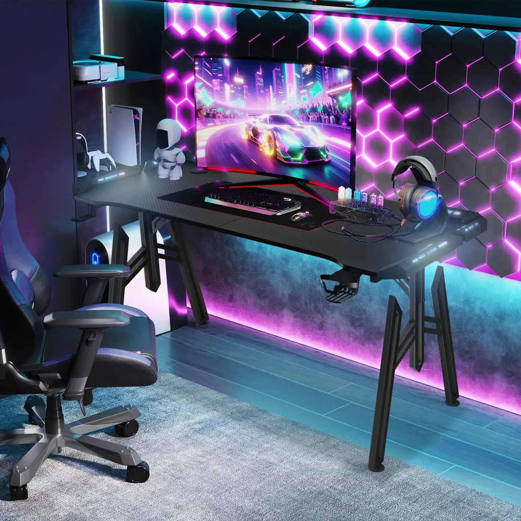 Bureau Gamer Stable 120cm - Table de Jeu sans Vibration LED RGB Noire