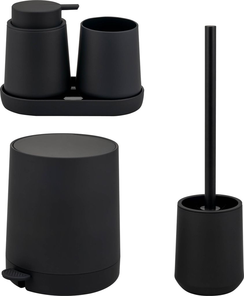 eluno Bad-Set TESERO 5tlg. mit Seifenspender, Becher, Schale, Kosmetikeimer und WC-Garnitur aus Kunststoff in Schwarz