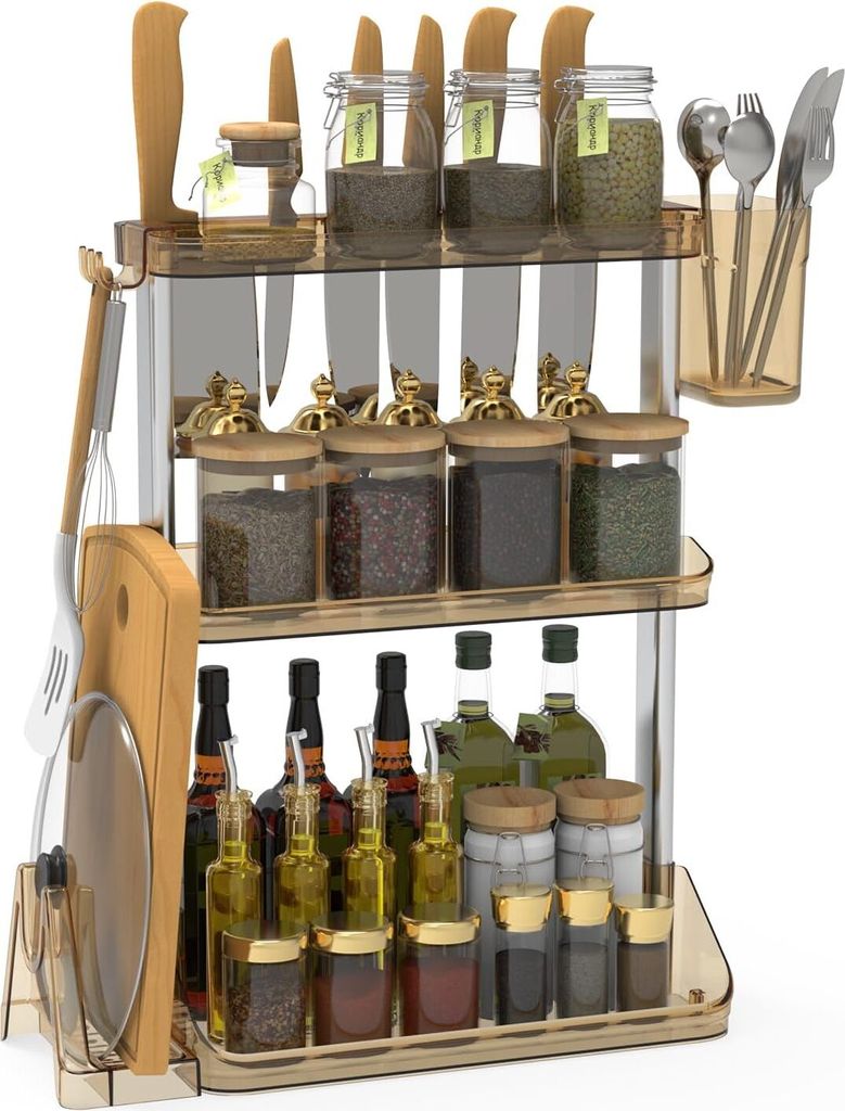 Gewürzregal Stehend 3Etagen Großes Fassungsvermögen für Küchenregal Arbeitsplatte Aufbewahrung Badezimmer Organizer mit Haken, Utensilienhalte...