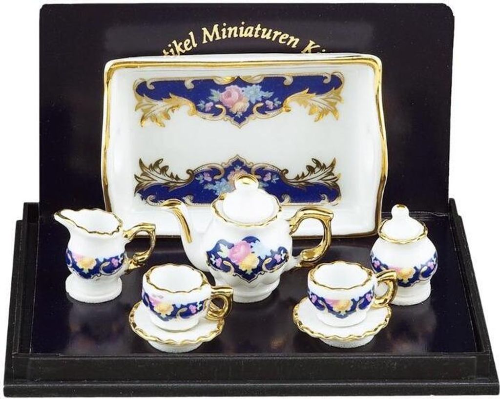 Teeset Baronesse Royal Blue Miniatur aus Porzellan mit Goldrand