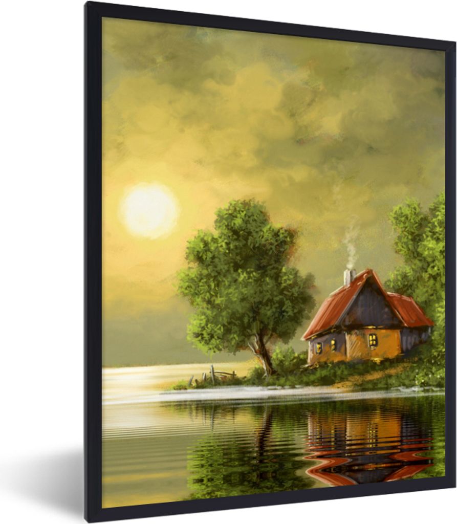 MuchoWow Gerahmtes Poster Gemälde - Ölfarbe - Haus - Natur - Wasser 60x80 cm - Poster mit Schwarzem Bilderrahmen Wandposter Rahmen Foto Bilder ...