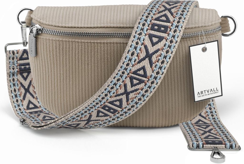 ARTVALL - Umhängetasche aus Cord, Klein mit verstellbarem Schultergurt, abnehmbares Taschenband, Crossbody Bag in Beige