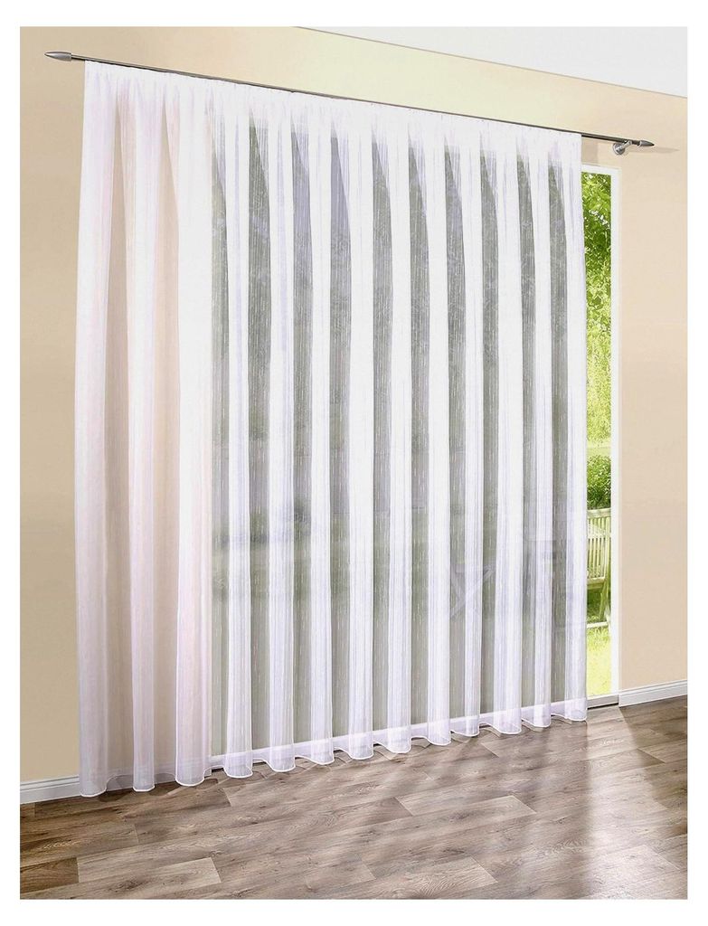 Transparente Gardinen Store Weiß mit Streifen Voile Vorhang mit Kräuselband | 600 x 225 cm