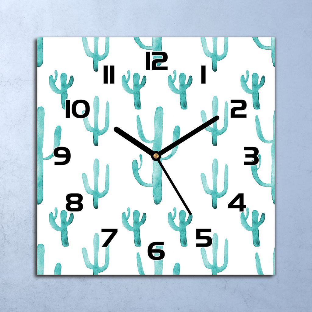 Wanduhr Echt-Glas-Küchenuhr Aquarell Kakteen Quarz Lautlos Produktbild 