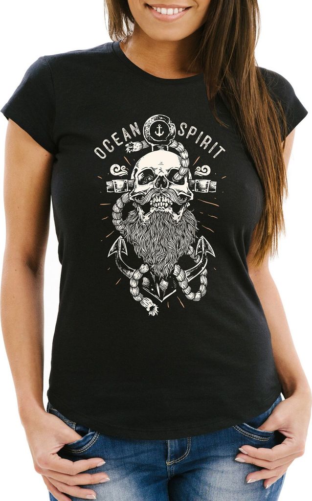 Damen T-Shirt Skull Captain Anker Totenkopf Bart Kapitän Ocean Spirit Slim Fit Neverless schwarz XL