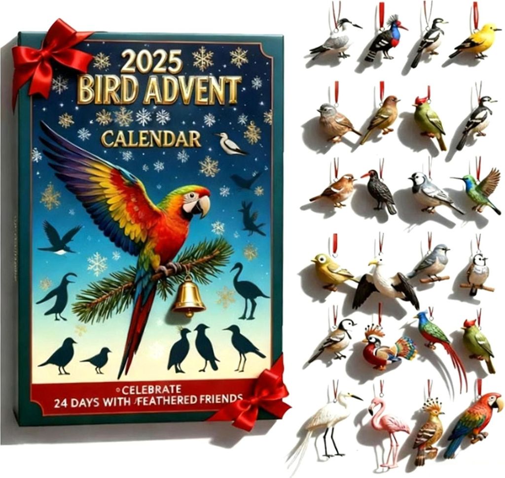 Vogel-Adventskalender 2025, 24 Tage Weihnachts-Countdown-Kalender mit 2D-Vogel-Hängedekoration aus Acryl, Weihnachtsgeschenk für Kinder und Vogel...