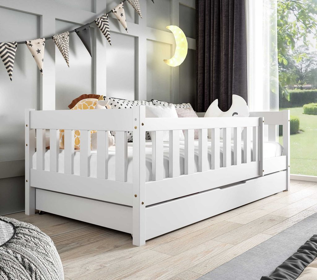 Kinderbett mit Matratze und Schublade 80 x 160 cm in Weiß Holzbett, Einzelbett für Kinder ZOSIA