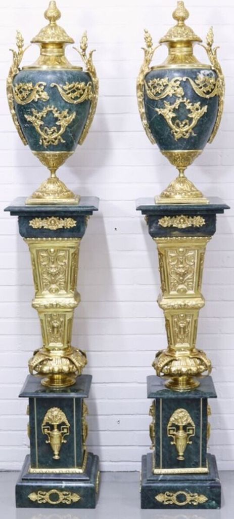 Casa Padrino Barock Vasen mit Marmor Säulen Set Blau / Gold 30 x 30 x H. 180 cm - Edel & Prunkvoll