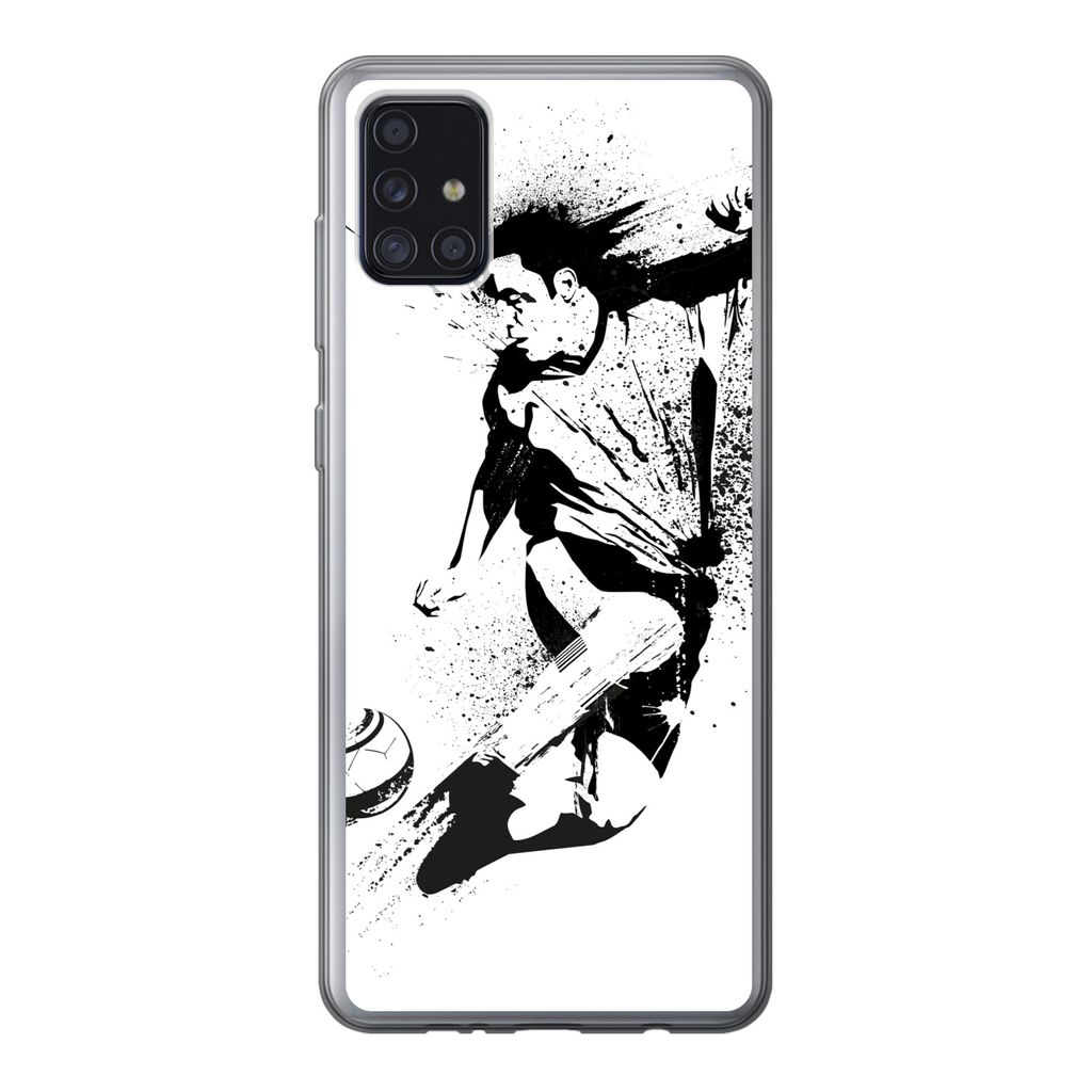 MuchoWow Handyhülle Schutzhülle Hülle für Samsung Galaxy A52 5G Eine Illustration einer Person, die einen Fußball in Richtung Tor schießt -...