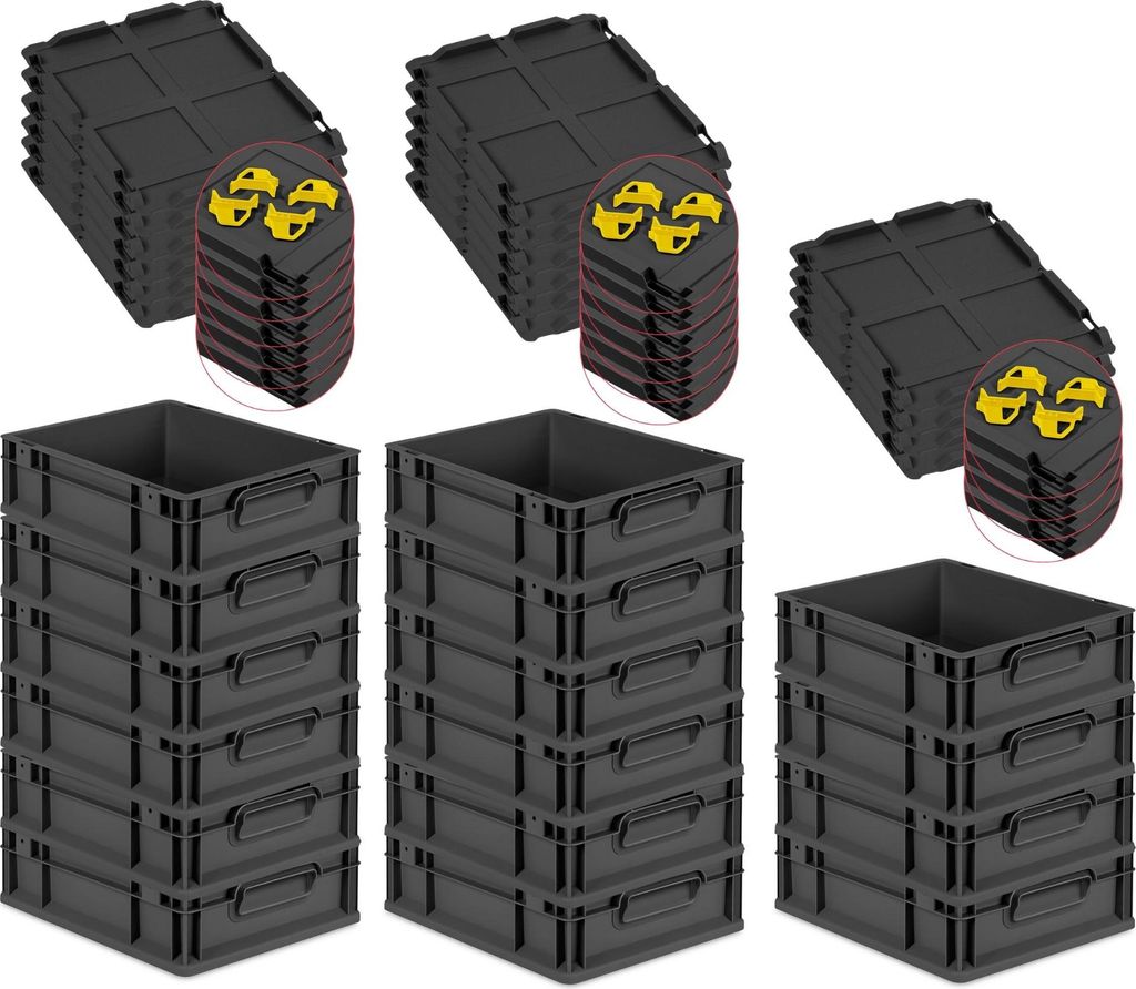 SuperSparSet 16x Eurobox NextGen Grip mit Auflagedeckel inkl. 4 gelben Schiebeschnappverschlüssen | HxBxT 12x30x40cm | 11 Liter | Schwarz | Griffe...