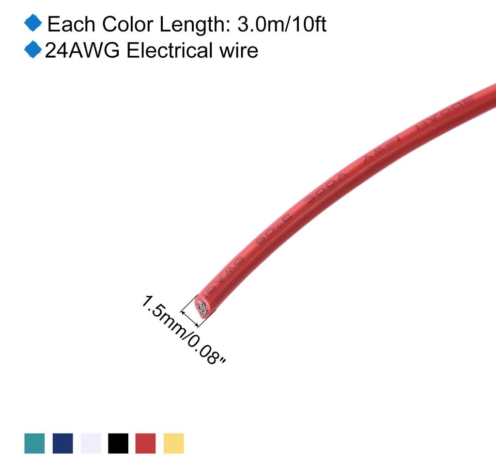 24 AWG 0.2mm2 Flexibel PVC Elektronik Kabel 3m, 1.5mm OD Verzinnter Kupferdraht fš¹r RC-Flugzeuge, Lastwagen, Auto, DIY Batterieklemmenkabel (6 F...