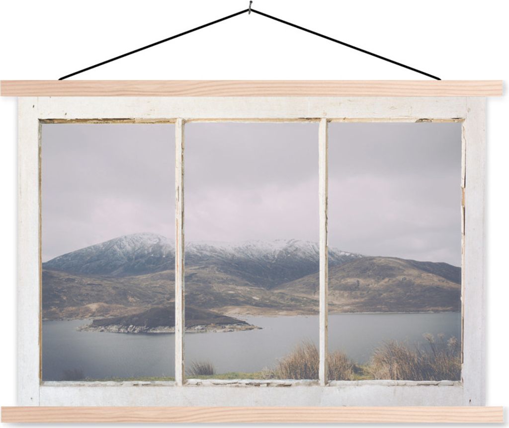 MuchoWow Textilposter Aussicht - Berg - Schnee 120x80 cm mit holzfarbenen Rahmen - Aufhängeset
