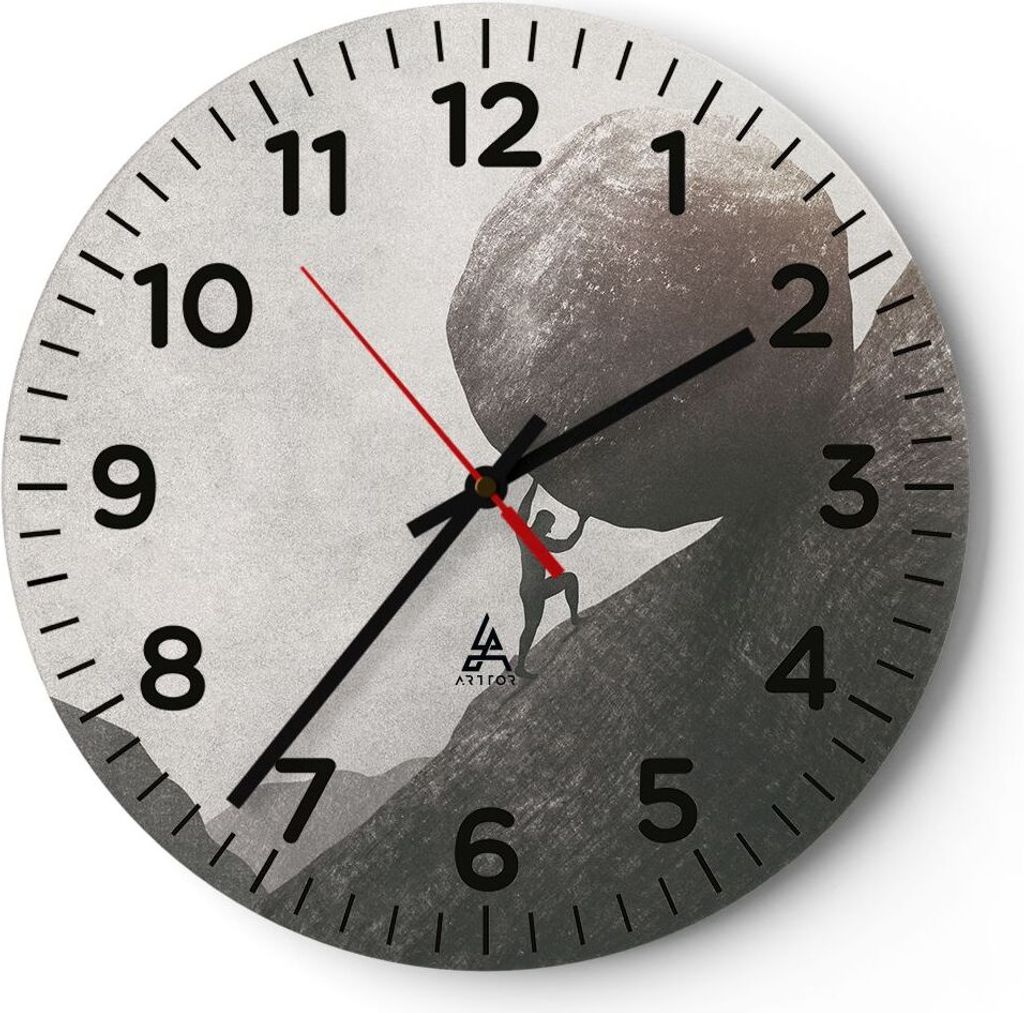Wanduhr - Rund - Glasuhr - Sisyphus Arbeit Stein - 30x30cm - Schleichendes Uhrwerk - Lautlos - zum Aufhängen bereit - Dekoration Modern - Wanddeko...