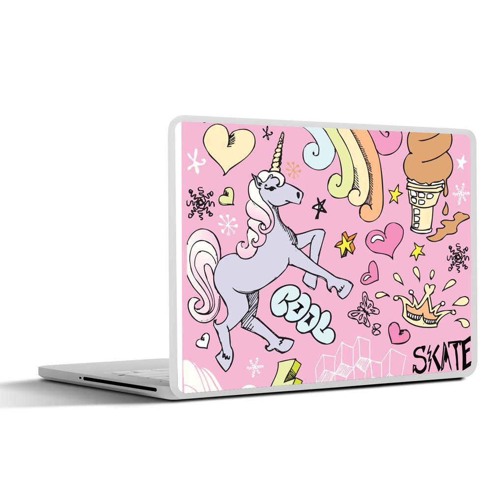 MuchoWow Laptop Aufkleber Sticker Cover Mädchen - Design - Einhorn - Regenbogen - Rosa 30x22 cm - Laptop-Sticker