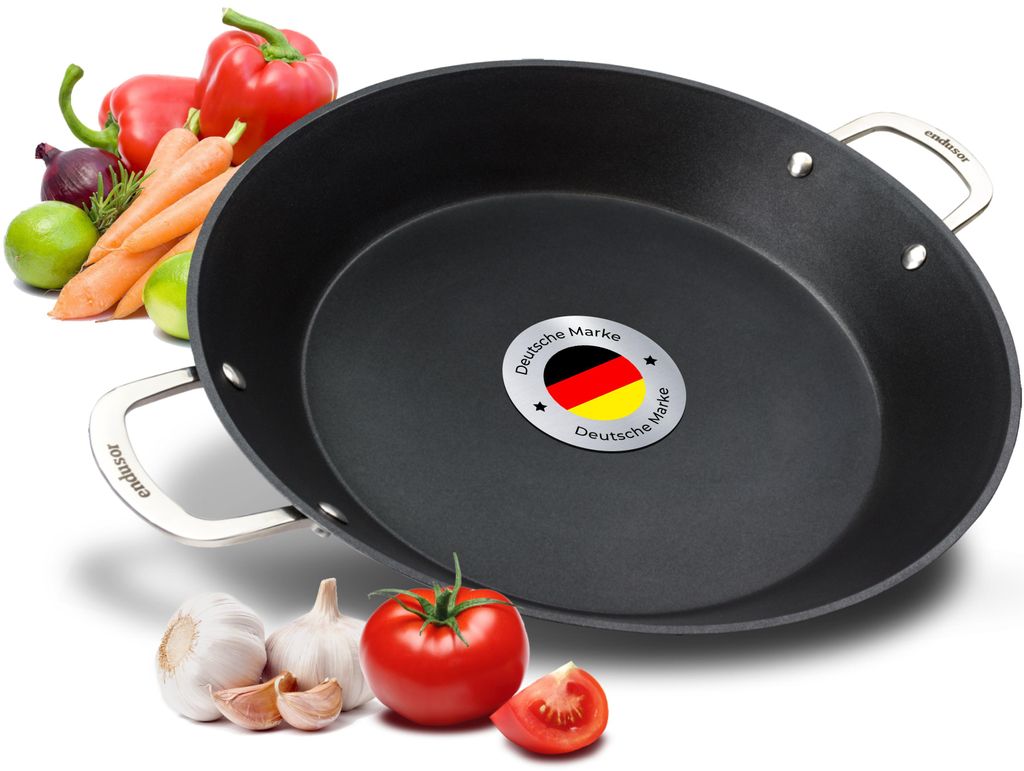 endusor Paella Pfanne Induktion 38 cm – 3-fach Antihaft - ALLE Herdarten + Backofen – 6-8 Portionen – Professionelle Paellapfanne aus Alumi...