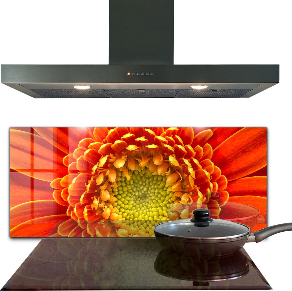 Spritzschutz aus Glas Küchenrückwand - Wandschutz für Herd und Spüle - 125x50 cm - Gerbera Blüte Orange