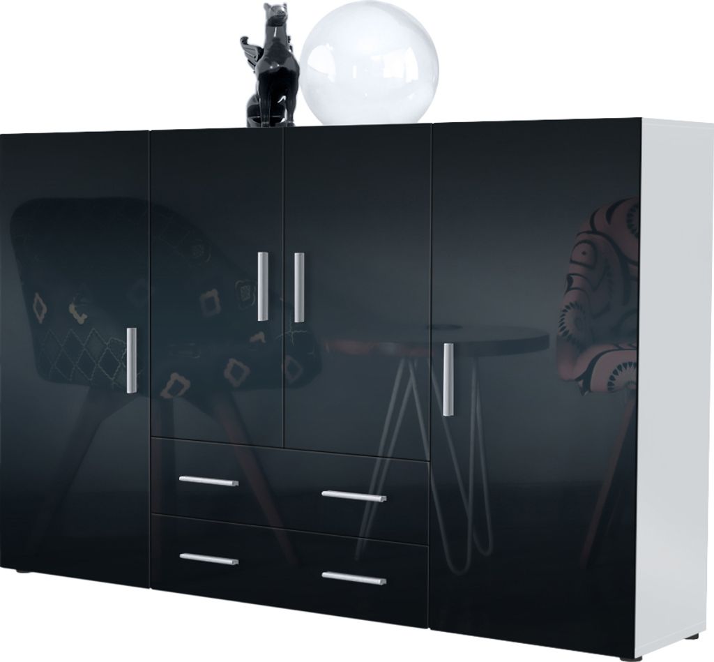 Vladon Highboard Nora Anrichte mit 2 Schubladen und 4 Türen mit insgesamt 8 Fächer dahinter, Weiß matt/Schwarz Hochglanz (166,5 x 106,5 x 35 cm)