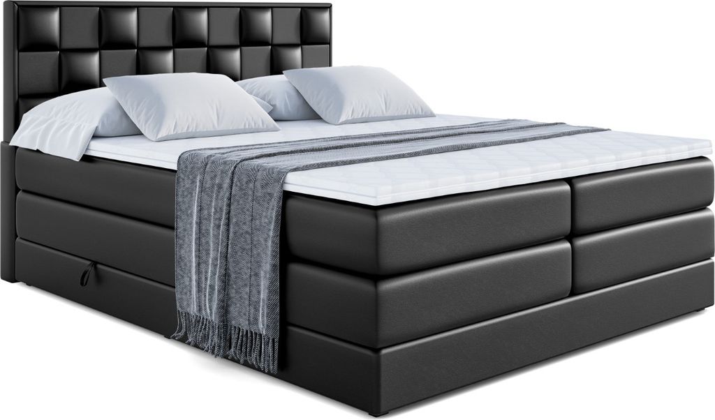 ALTDECOR Boxspringbett mit 2 Matratzen und Topper - 160x200 cm - ZAFIRA-BZ KING -Schwarz Kunstleder - Polsterbett mit, H3- und H4- Matratzen, Bettk...