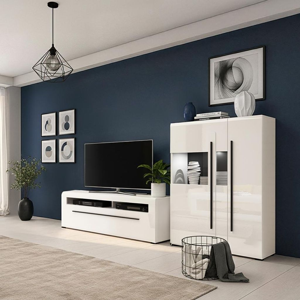 Wohnwand in Weiß Hochglanz mit 140 cm Lowboard & Highboard, inkl. Beleuchtung - TURDA-83