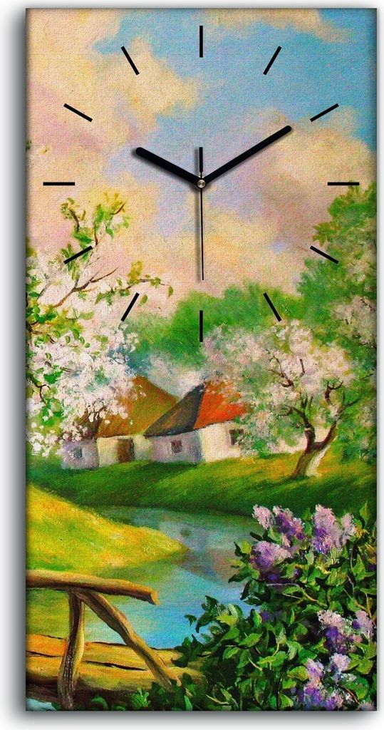 Leinwand Uhr Küche Wohnzimmer Bild 30x60 Gemälde Landschaft Fluss Bäume Blumen - schwarze Hände