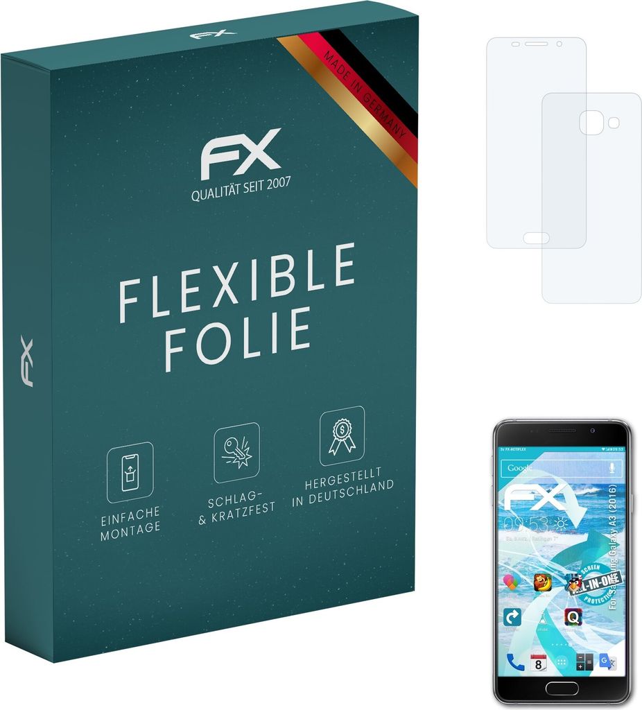 atFoliX FX-ActiFleX 3x Schutzfolie kompatibel mit Samsung Galaxy A3 (2016) Folie