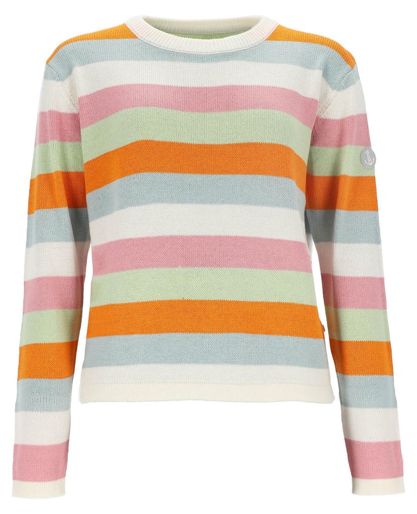 Leitfeuer Damen Strickpullover mit mehrfarbigen Streifen - Gestreifter Pullover mit überschnittenen Arm in Orange-Offwhite Größe M