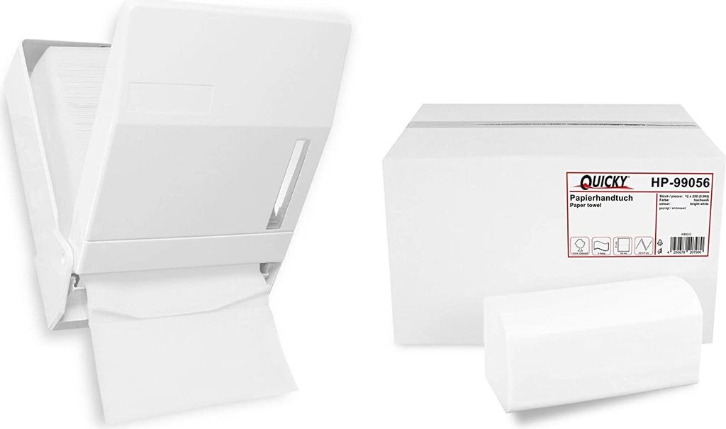 Handtuchpapierspender im Set | weiß, für ca. 600 Blatt | mittlere Größe | Sichtfenster | inkl. 3000 Stück Handtuchpapier 2-lagig, 25 x 23 cm, ...