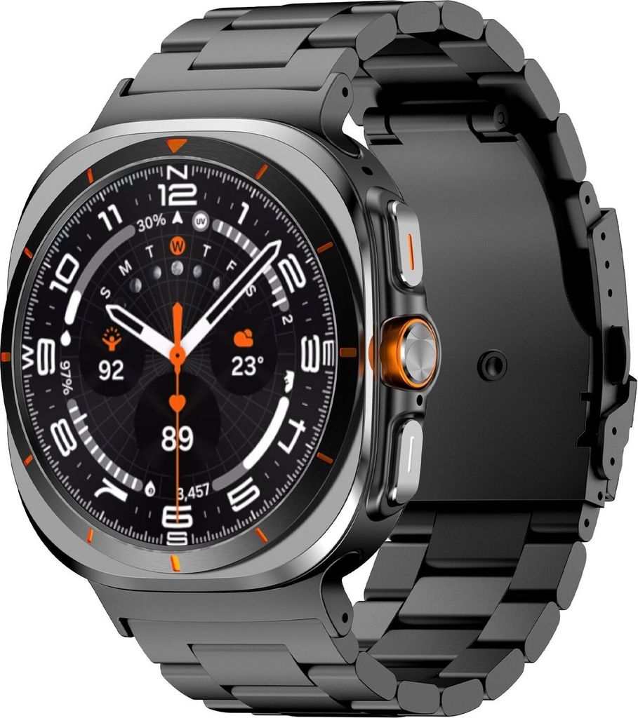 A close-up studio shot of a smart watch with a metal band.