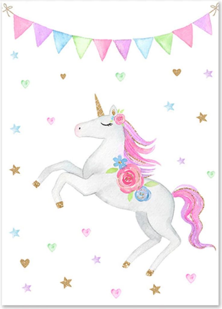 TPFLiving Kunstdruck LW-1042 (OHNE RAHMEN) Poster - Leinwand - Wandbild - Hochauflösender Giclée-Druck, langlebig und hochwertig - Einhorn, Regen...