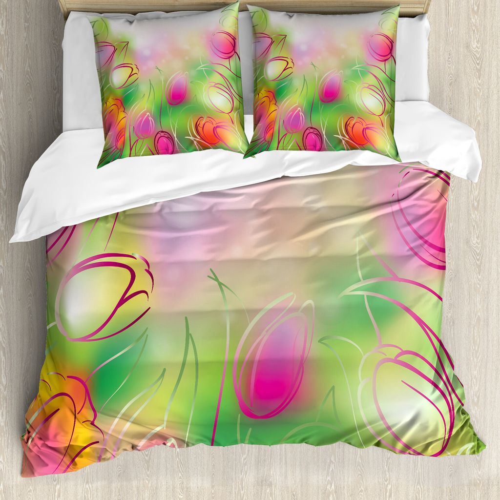 ABAKUHAUS Blume Bettbezug, Tulpen Städtische Grafik, Milbensicher Allergiker geeignet mit Kissenbezügen, 200 cm x 200 cm - 80 x 80 cm, rosa-Grün