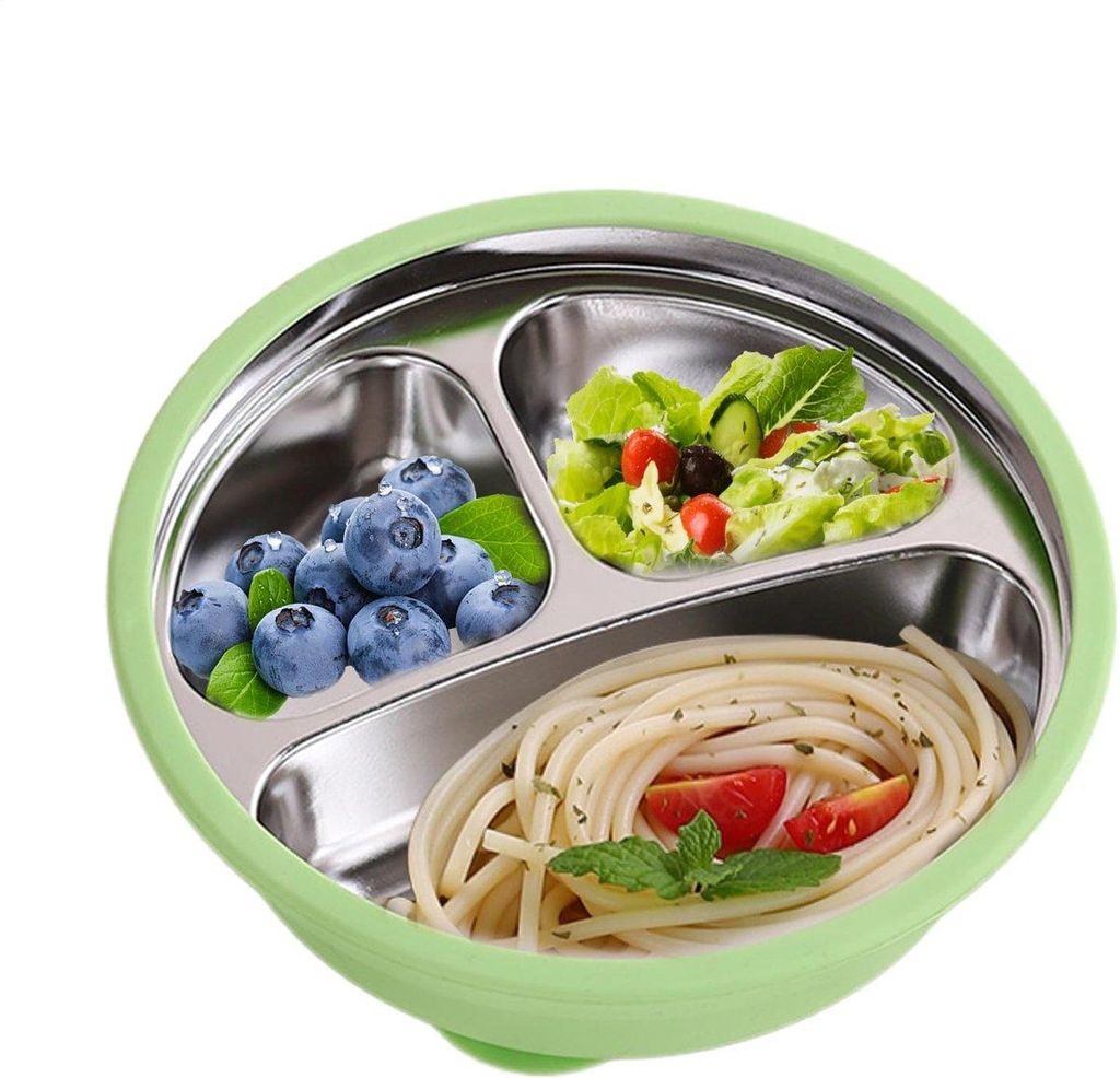 Edelstahl Kinder Teller mit Saugnapf – Unterteilt, Produktbild 