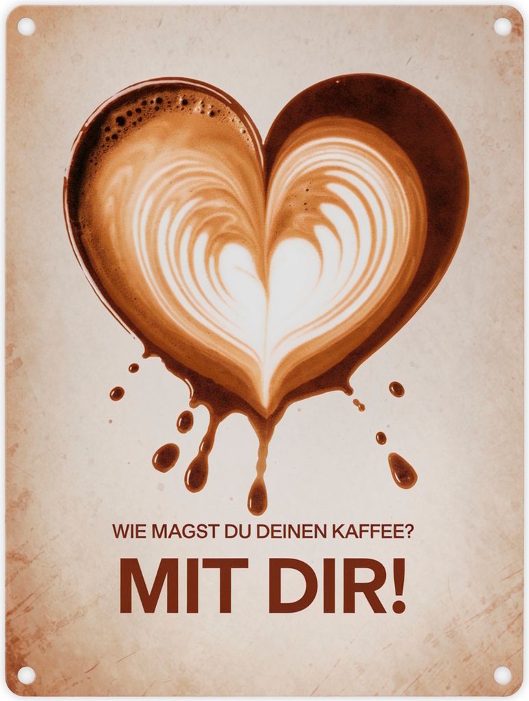 Herzförmiger Kaffeefleck Metallschild in 15x20 cm - Kaffee mit dir