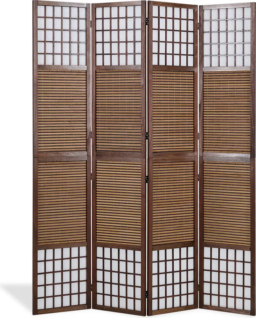 Paravent en bois et bambou brun à 4 volets, claustra de 200 x 160 cm