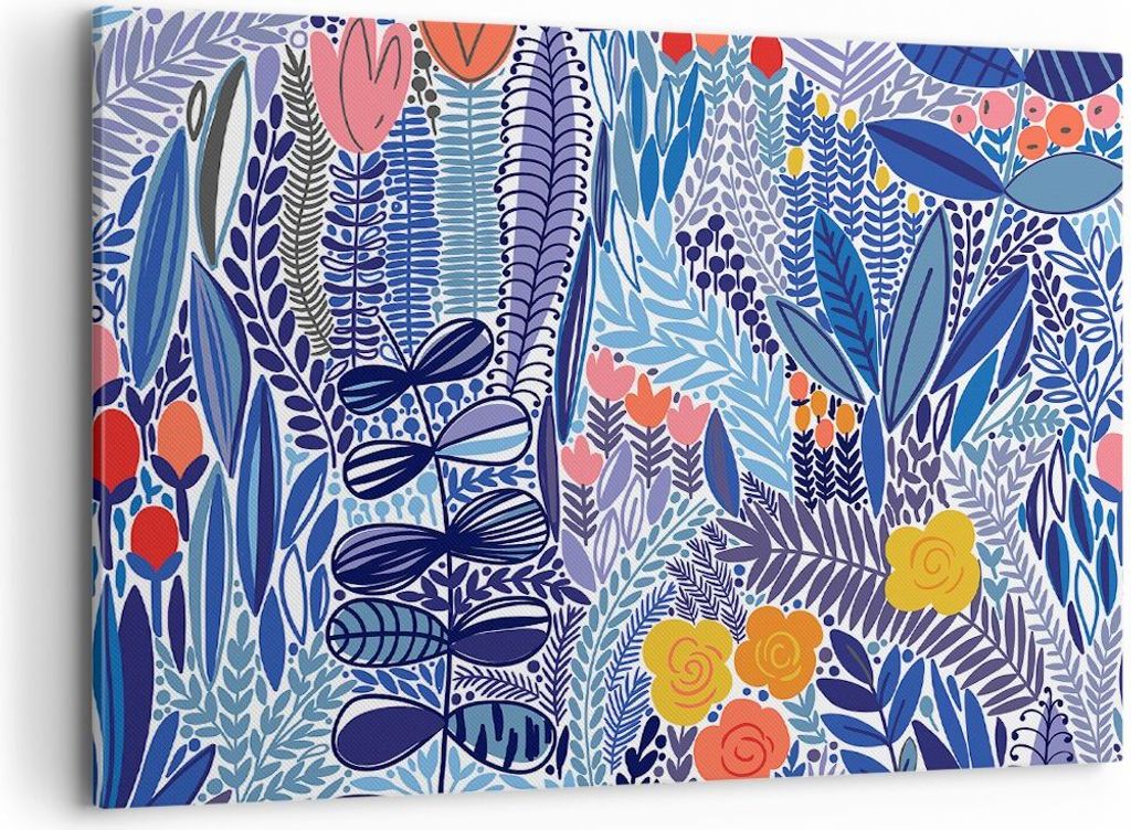Bild auf Leinwand - Leinwandbild - Blumen Blätter Illustration Tropen - 100x70cm - Wand Bild - Wanddeko - Leinwanddruck - Bilder - Kunstdruck - Le...