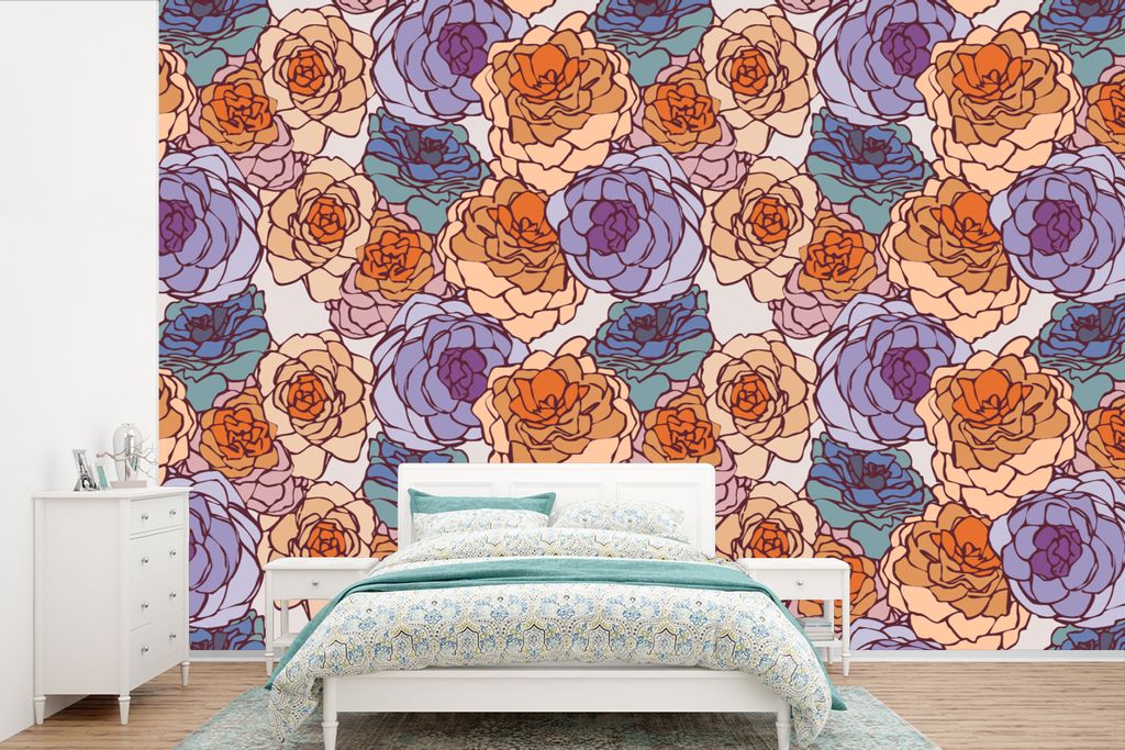MuchoWow Fototapete für Wohnzimmer oder Schlafzimmer Wandtapete Vinyl Motivtapete Karte - Blume - Jugendstil - 330x220 cm - Fototapeten