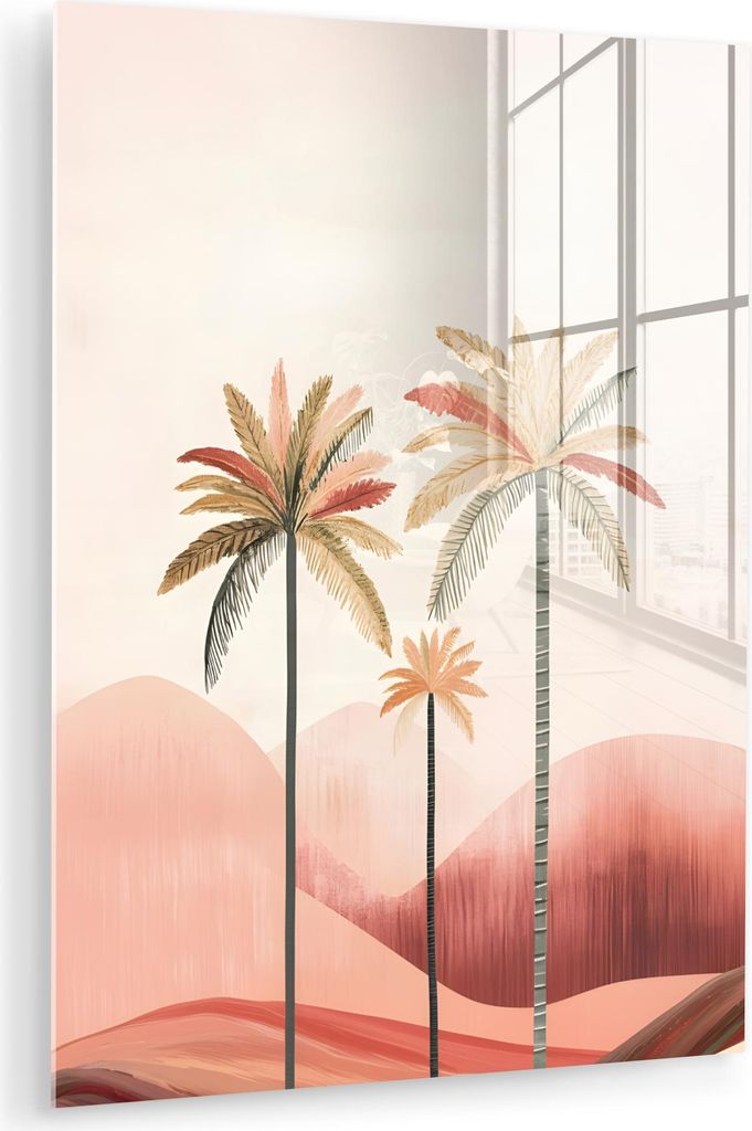 MuchoWow Glasbilder - Bilder auf Wandbild - Foto auf Glas Palmen - Hügel - Minimalistisch - Zartrosa 60x80 cm Wanddekoration aus Glas - Acrylglasb...