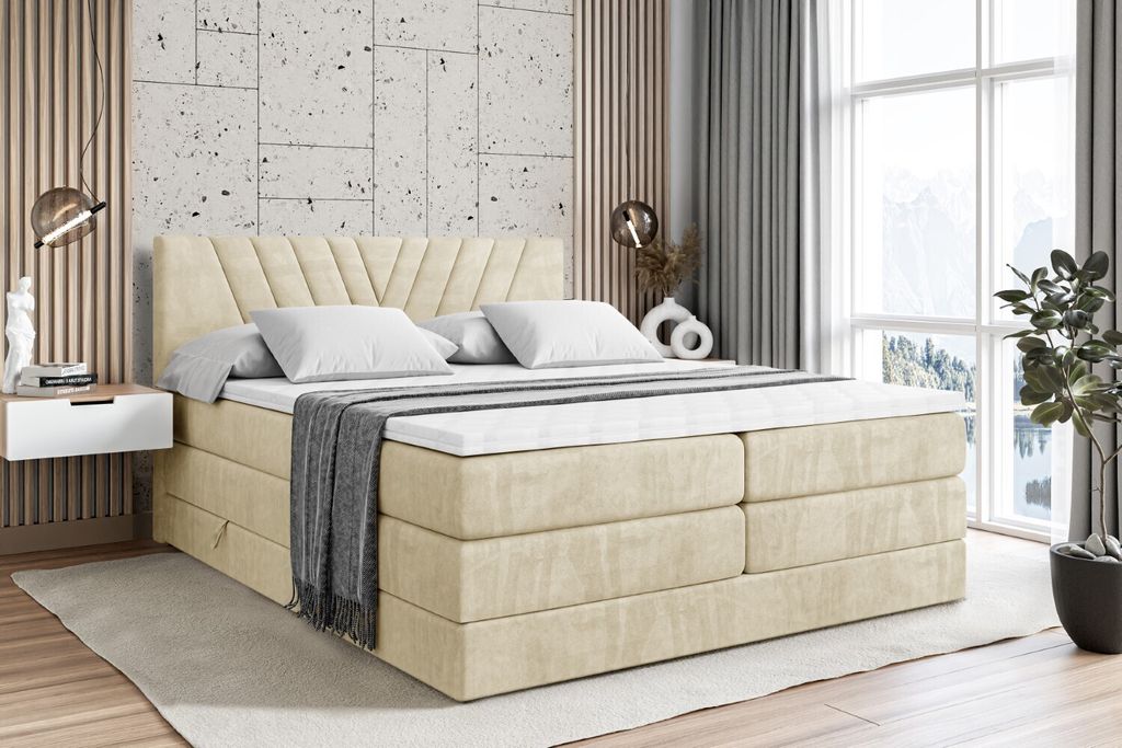ALTDECOR Boxspringbett mit 2 Matratzen und Topper - 160x200 cm - ERNINA KING - Beige Samt - Polsterbett mit, H3- und H4- Matratzen, Bettkasten und ...
