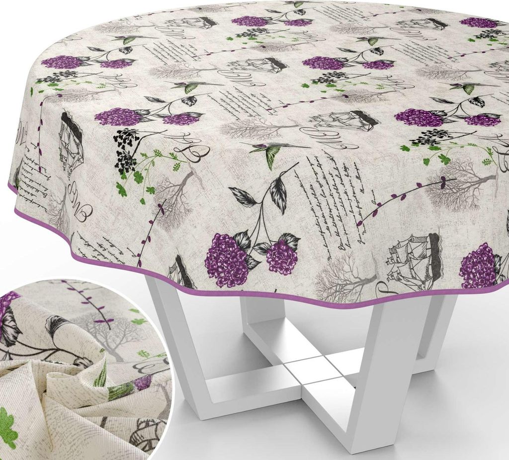 Tischdecke Hortensien mit Blumen Botanik aus Stoff Tischwäsche mit Beschichtung Tischtuch Barock Beige Rund 120cm mit Paspelband