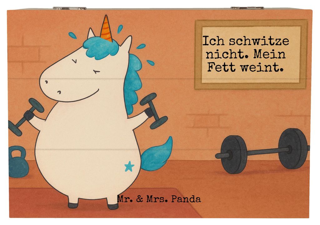 Mr. & Mrs. Panda Box Einhorn Fitness Design 22 x 15 cm - Weiß - Geschenk, Abnehmen, Holzkiste mit Deckel, schatztruhe, Schatzkiste, fotobox, Sport...