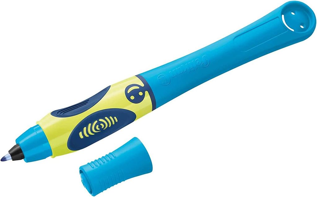 A blue and yellow pen with a blue cap next to it, on a white background.