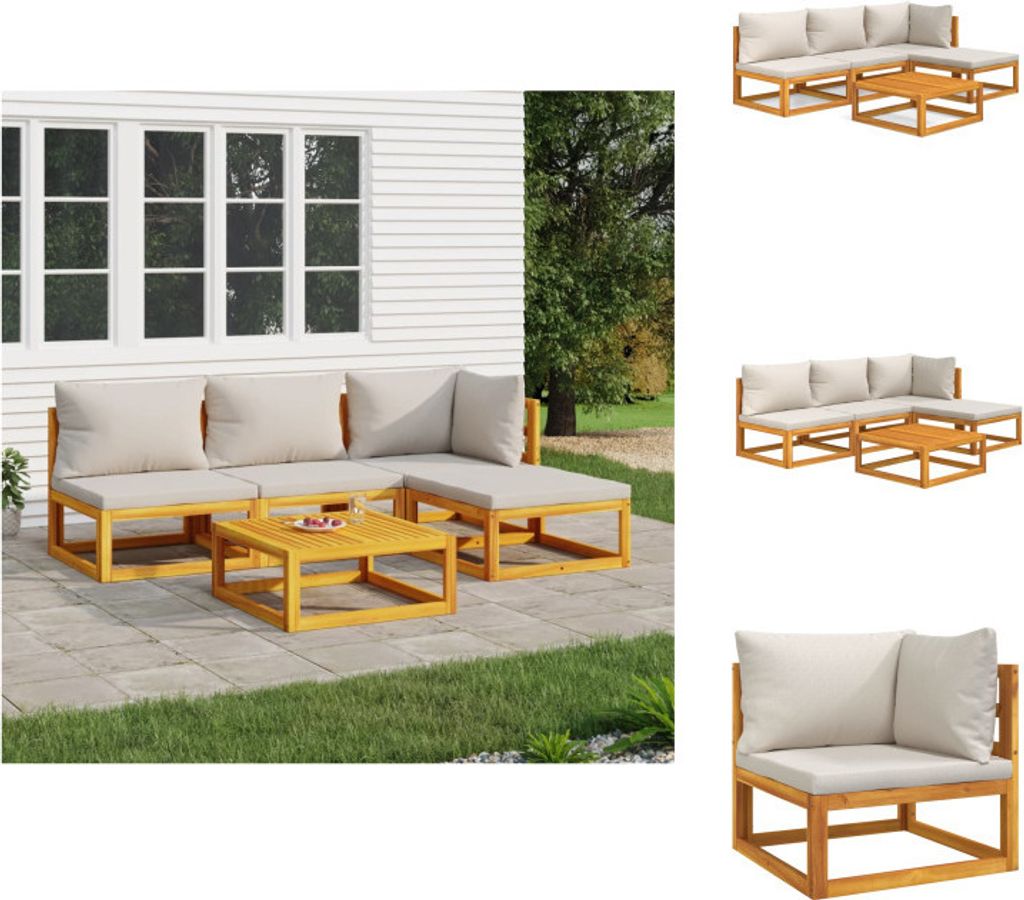 vidaXL 5-tlg. Garten-Lounge-Set mit Hellgrauen Kissen Massivholz - Gartenmöbel-Sets
