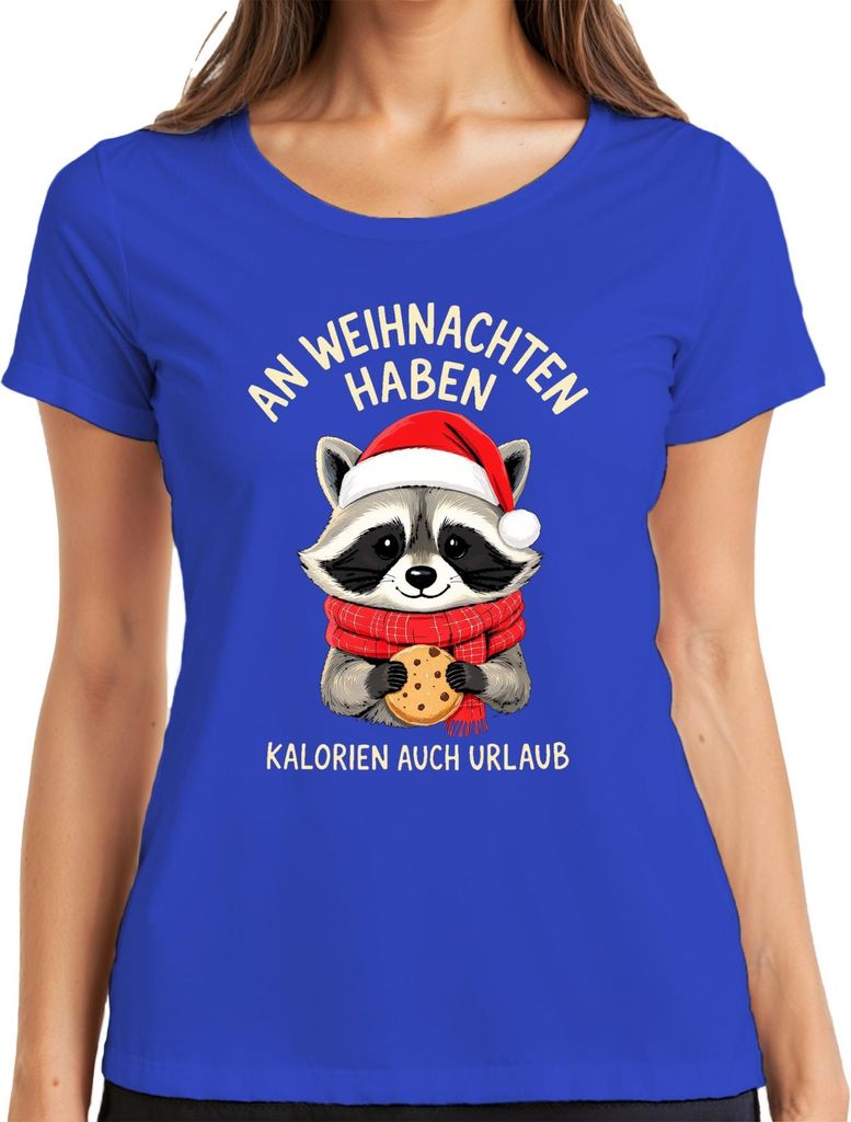 An Weihnachten haben Kalorien Urlaub Waschbär Kekse lustig Damen T-Shirt, Blau, 3XL