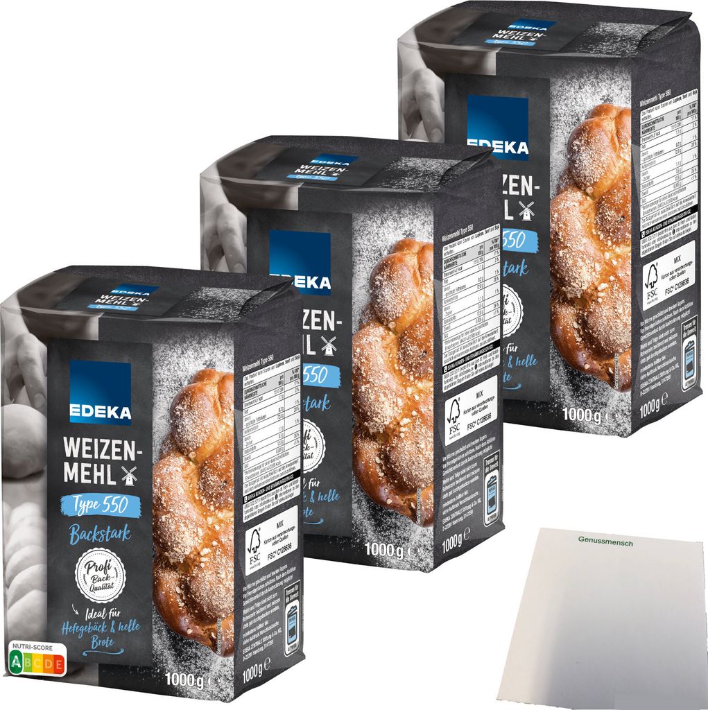 Edeka Weizenmehl Type 550 ideal für Hefegebäck und helle Brote 3er Pack (3x1kg Packung) + usy Block