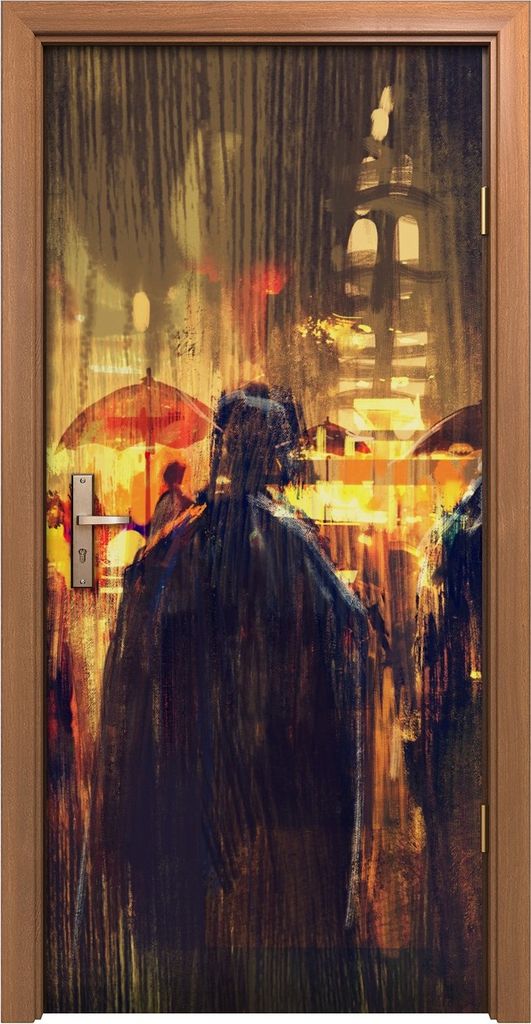 Türposter 90x200 cm Türaufkleber Türtapete Türfolie Klebefolie Menschenmenge mit Regenschirmen Nacht