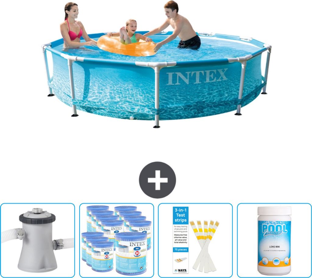 Intex Rundrahmen-Schwimmbecken – 305 x 76 cm – Wasserdruck – inklusive Pumpe Filter - Teststreifen - Chlor