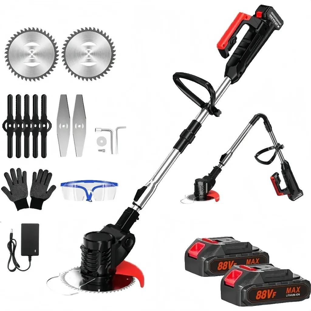 Akku-Rasentrimmer 21V mit 2 Batterie, Freischneider, Motorsense, mit Akku und Ladegerät, Teleskop-Stiel & Zusatzhandgriff, Faltbares Modell, Schwarz