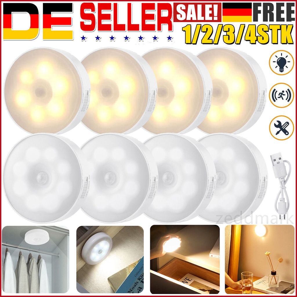 2 Stück LED Nachtlicht mit Bewegungsmelder Treppenlicht Wiederaufladbar Sensor Licht Warmweiß