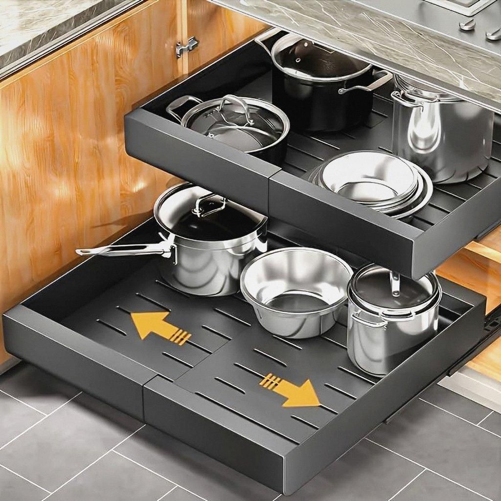 2 Stück Ausziehbare Schublade Küche, Expansible Teleskopschublade Organizer, mit Track System Küchenschrank Ausziehbar für Küche Pantry Organi...
